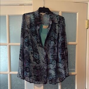 CAbi Blue and Black Blouse with Abstract Pattern